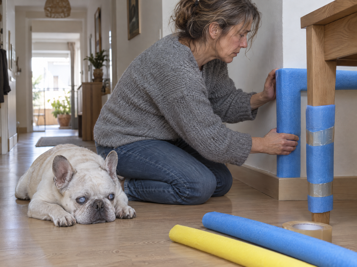 Dueña forrando esquinas para que su perro no se golpee